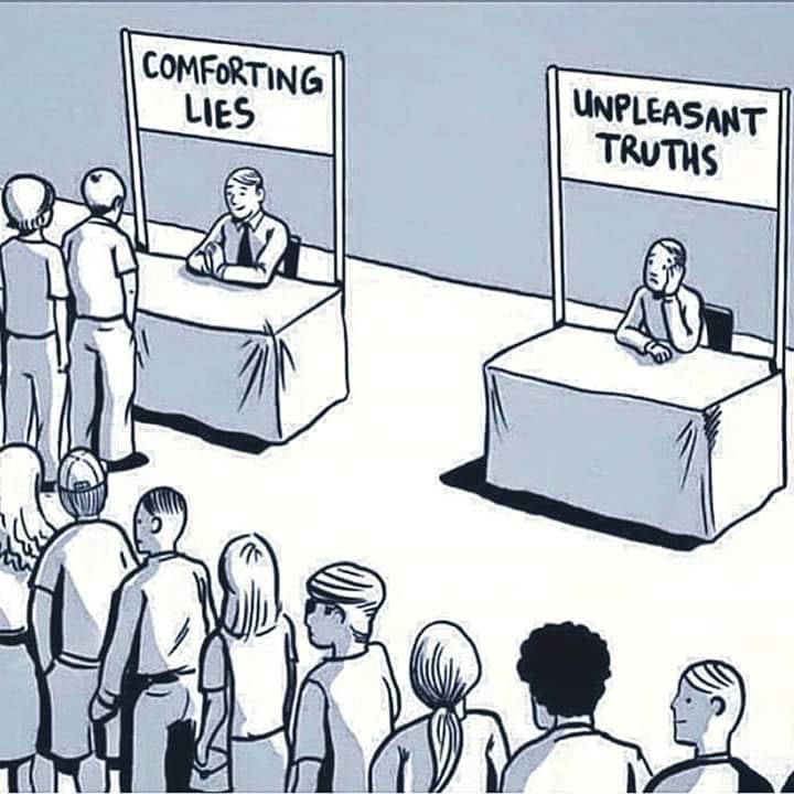 Comforting lies = mensonges rassurants.  Unpleasant truths = vérités qui dérangent...